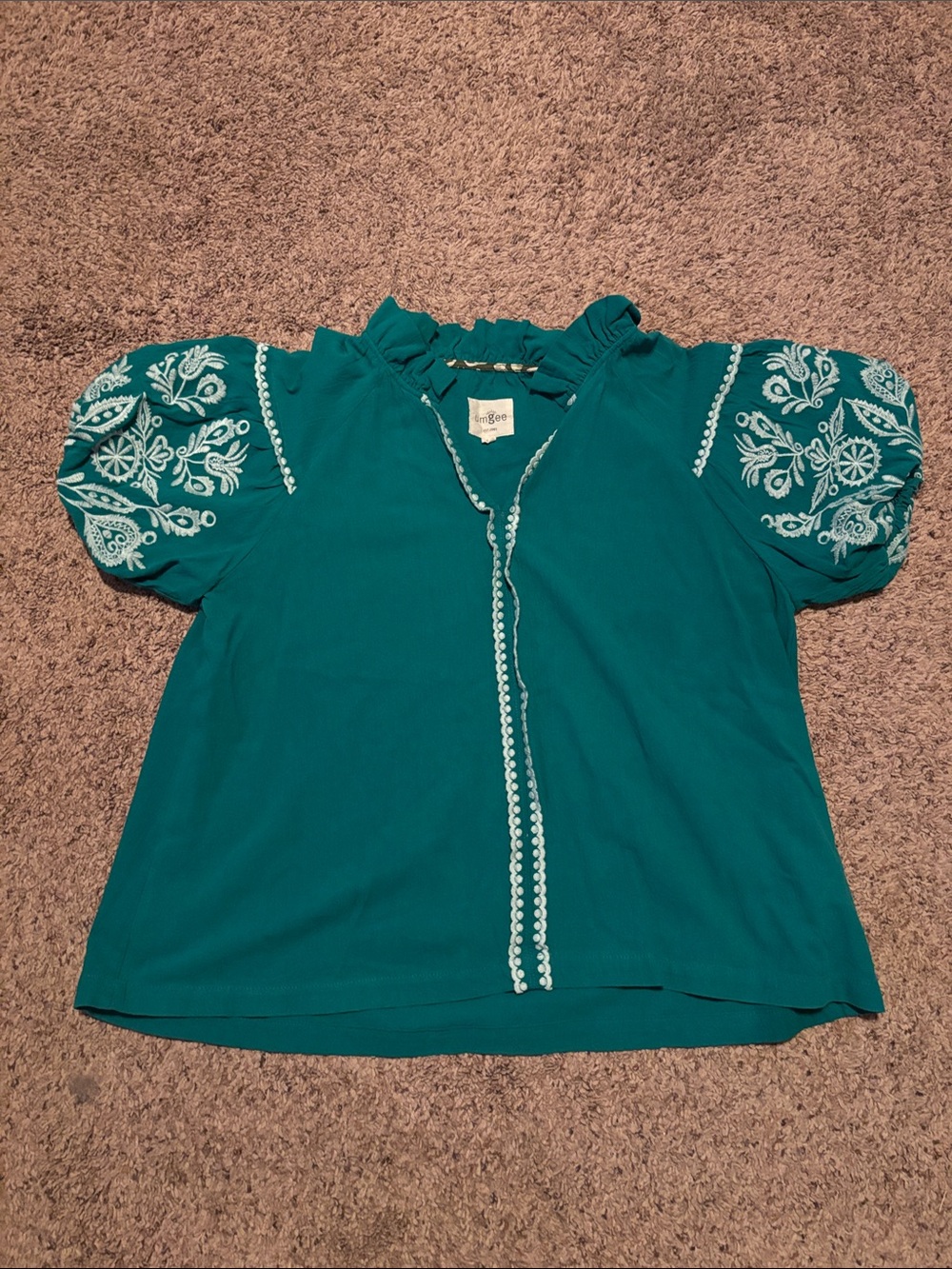 Umgee Teal Embroidered Puff Sleeve Blouse L